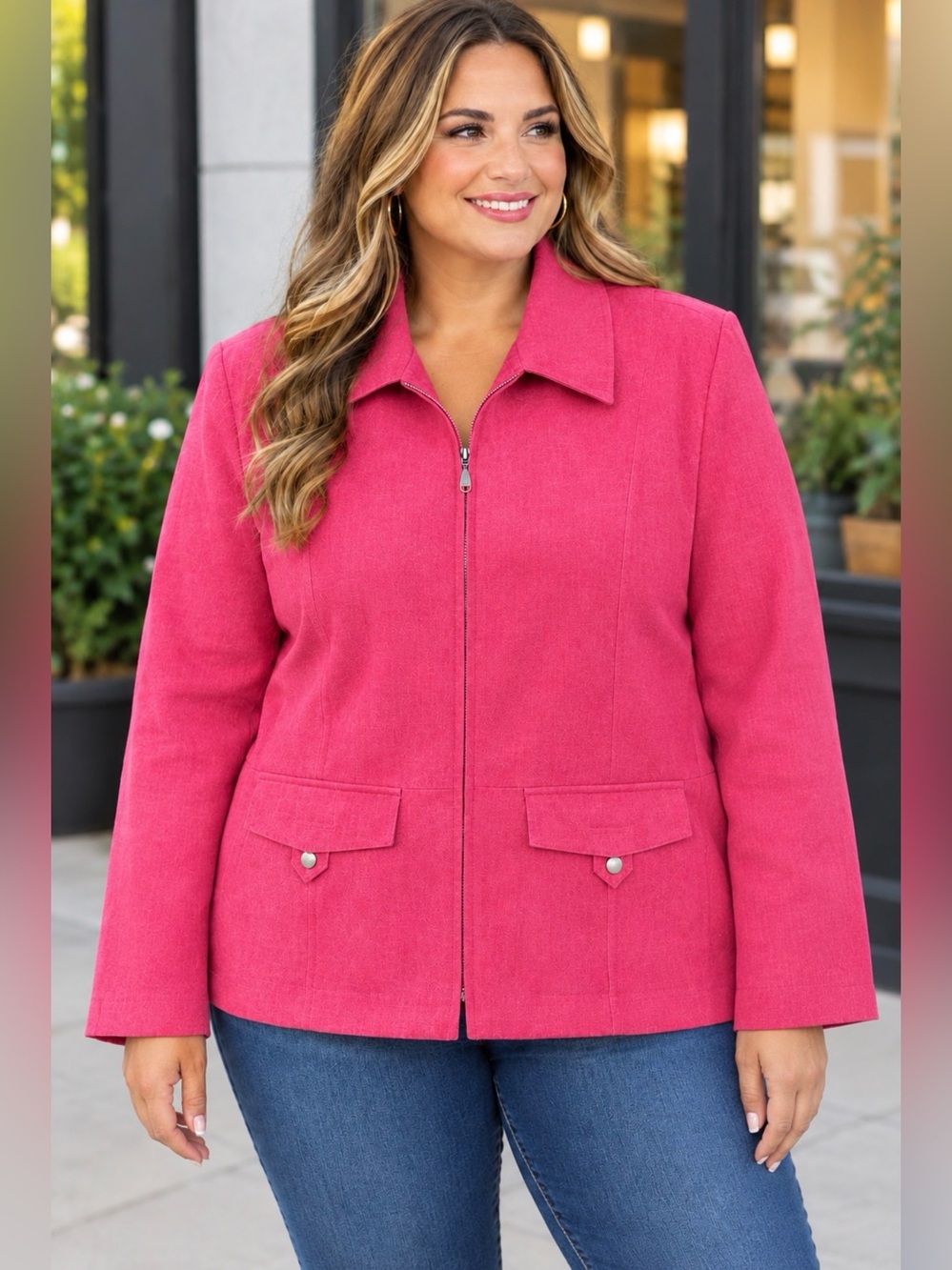 N Touch Suede-Feel Raspberry Pink Zip-Front Jacket with Flap Pockets Sz L